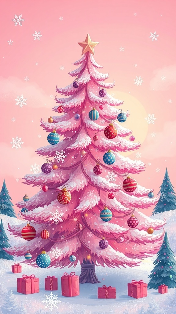 A charming pink Christmas tree with ornaments in a snowy landscape under a pink sky.
